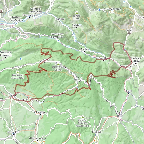 Map miniature of "Gravel Adventure: Bédoin-Savoillan-Bédoin" cycling inspiration in Provence-Alpes-Côte d’Azur, France. Generated by Tarmacs.app cycling route planner