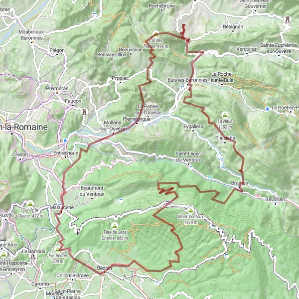 Miniaturekort af cykelinspirationen "Grusvejscykelrute fra Bédoin" i Provence-Alpes-Côte d’Azur, France. Genereret af Tarmacs.app cykelruteplanlægger