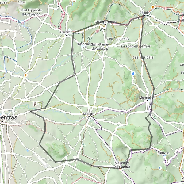 Miniaturní mapa "Okružní cyklistická trasa kolem Bédoinu" inspirace pro cyklisty v oblasti Provence-Alpes-Côte d’Azur, France. Vytvořeno pomocí plánovače tras Tarmacs.app