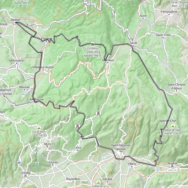 Karttaminiaatyyri "Haastava 109 km Maantiepyöräreitti Flassanista Méthamisiin" pyöräilyinspiraatiosta alueella Provence-Alpes-Côte d’Azur, France. Luotu Tarmacs.app pyöräilyreittisuunnittelijalla