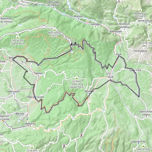 Map miniature of "Bédoin-Aurel-Bédoin" cycling inspiration in Provence-Alpes-Côte d’Azur, France. Generated by Tarmacs.app cycling route planner