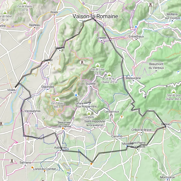 Miniature de la carte de l'inspiration cycliste "Itinéraire Road Saint-Pierre-de-Vassols" dans la Provence-Alpes-Côte d’Azur, France. Générée par le planificateur d'itinéraire cycliste Tarmacs.app