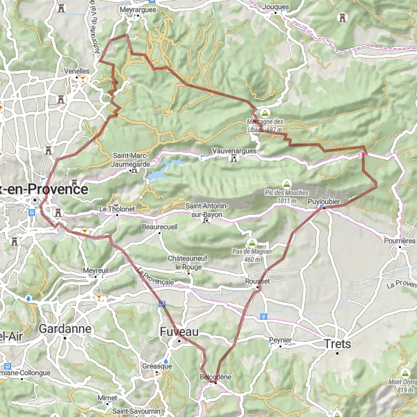 Mapa miniatúra "Jazda na štrkových cestách okolo Belcodène" cyklistická inšpirácia v Provence-Alpes-Côte d’Azur, France. Vygenerované cyklistickým plánovačom trás Tarmacs.app