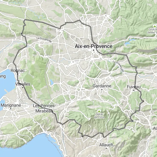 Zemljevid v pomanjšavi "Kolesarjenje po slikovitih cestah v okolici Belcodène" kolesarske inspiracije v Provence-Alpes-Côte d’Azur, France. Generirano z načrtovalcem kolesarskih poti Tarmacs.app