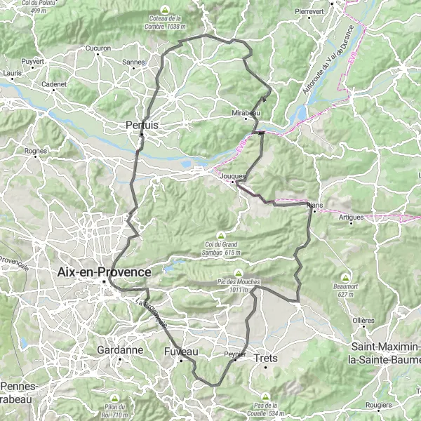 Miniatua del mapa de inspiración ciclista "Desafío en Carretera hacia Mirabeau" en Provence-Alpes-Côte d’Azur, France. Generado por Tarmacs.app planificador de rutas ciclistas