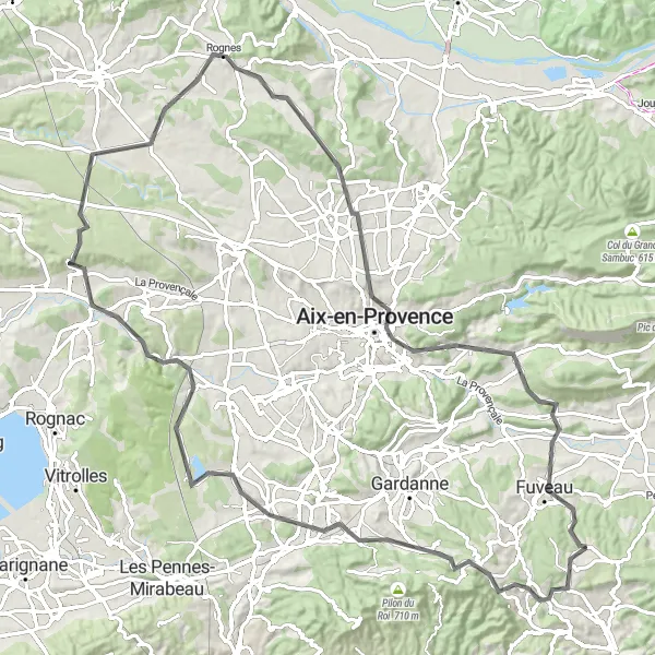 Zemljevid v pomanjšavi "Pot od Belcodène do Aix-en-Provence" kolesarske inspiracije v Provence-Alpes-Côte d’Azur, France. Generirano z načrtovalcem kolesarskih poti Tarmacs.app