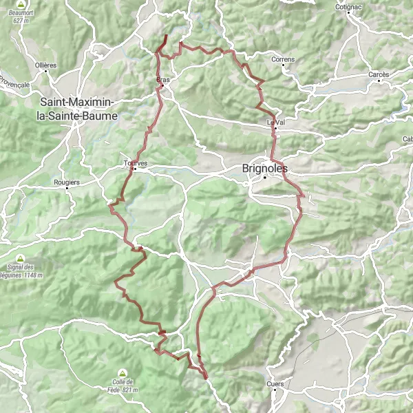 Map miniature of "Ultimate Gravel Adventure: Le Sarret to Belgentier Loop" cycling inspiration in Provence-Alpes-Côte d’Azur, France. Generated by Tarmacs.app cycling route planner