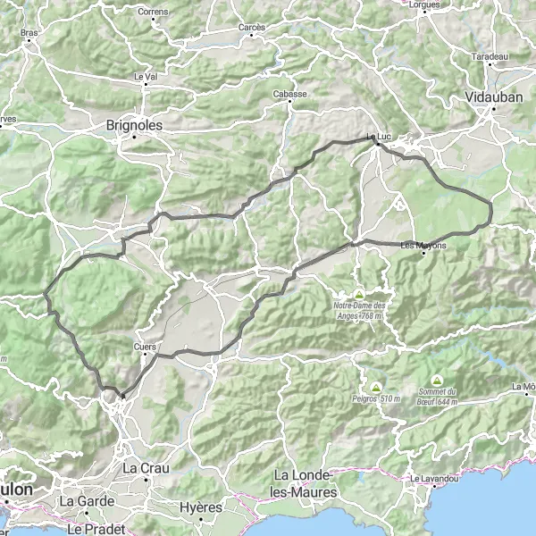 Mapa miniatúra "Trasa od Belgentier s vyššími kopci" cyklistická inšpirácia v Provence-Alpes-Côte d’Azur, France. Vygenerované cyklistickým plánovačom trás Tarmacs.app