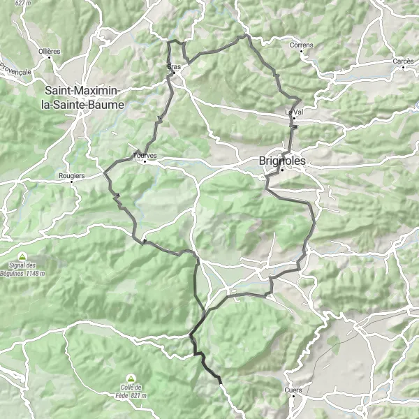 Karttaminiaatyyri "Belgentier - Châteauvert - Brignoles - Belgentier" pyöräilyinspiraatiosta alueella Provence-Alpes-Côte d’Azur, France. Luotu Tarmacs.app pyöräilyreittisuunnittelijalla