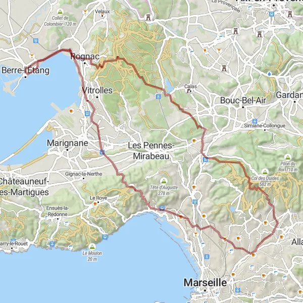 Miniaturní mapa "Náročný gravelový okruh kolem Berre-l'Étangu" inspirace pro cyklisty v oblasti Provence-Alpes-Côte d’Azur, France. Vytvořeno pomocí plánovače tras Tarmacs.app