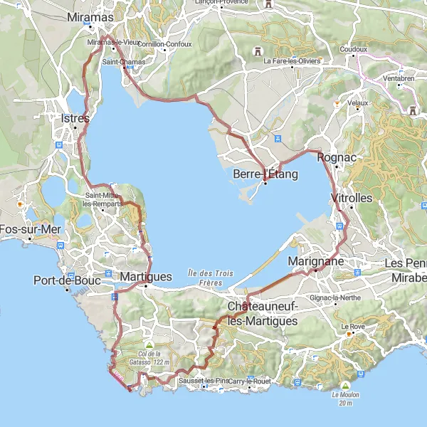 Kartminiatyr av "Grusväg mot Berre-l'Étang" cykelinspiration i Provence-Alpes-Côte d’Azur, France. Genererad av Tarmacs.app cykelruttplanerare