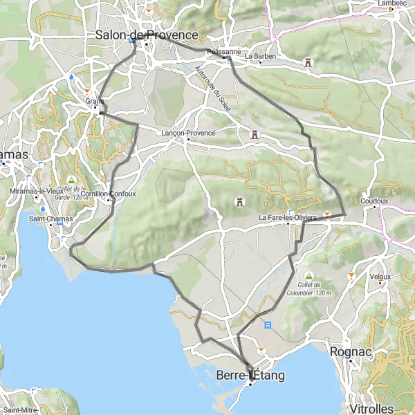 Miniatua del mapa de inspiración ciclista "Recorrido en carretera por los alrededores de Berre-l'Étang" en Provence-Alpes-Côte d’Azur, France. Generado por Tarmacs.app planificador de rutas ciclistas