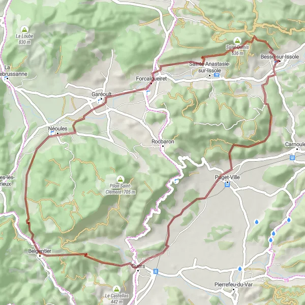 Map miniature of "Besse-sur-Issole Gravel Route 2" cycling inspiration in Provence-Alpes-Côte d’Azur, France. Generated by Tarmacs.app cycling route planner