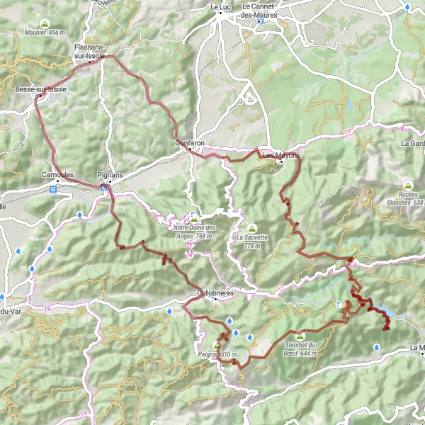 Miniaturní mapa "Gravel Trasa kolem Besse-sur-Issole" inspirace pro cyklisty v oblasti Provence-Alpes-Côte d’Azur, France. Vytvořeno pomocí plánovače tras Tarmacs.app