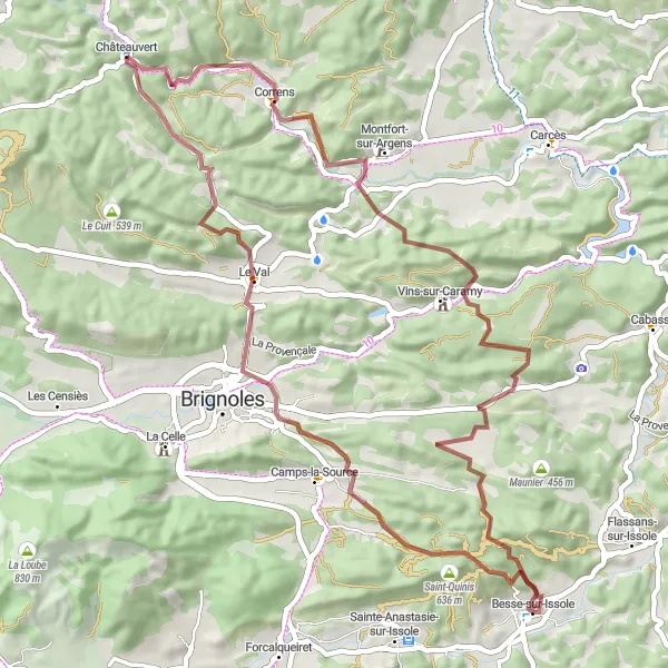 Kartminiatyr av "Val og Les Bons Pins Trek" sykkelinspirasjon i Provence-Alpes-Côte d’Azur, France. Generert av Tarmacs.app sykkelrutoplanlegger