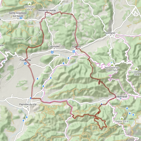 Miniatua del mapa de inspiración ciclista "Desafío Gravel: Besse-sur-Issole a Puget-Ville" en Provence-Alpes-Côte d’Azur, France. Generado por Tarmacs.app planificador de rutas ciclistas