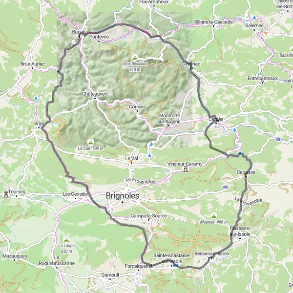 Mapa miniatúra "Náročná cyklotrasa okolo Besse-sur-Issole" cyklistická inšpirácia v Provence-Alpes-Côte d’Azur, France. Vygenerované cyklistickým plánovačom trás Tarmacs.app