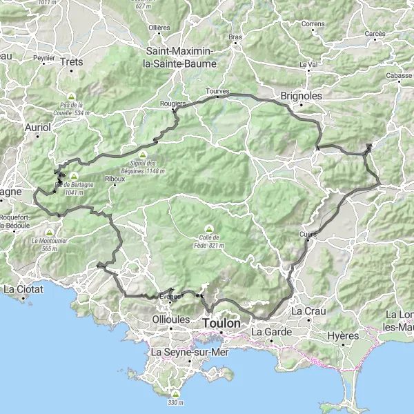 Miniatua del mapa de inspiración ciclista "Ruta desafiante de Besse-sur-Issole a Tour Garnier" en Provence-Alpes-Côte d’Azur, France. Generado por Tarmacs.app planificador de rutas ciclistas