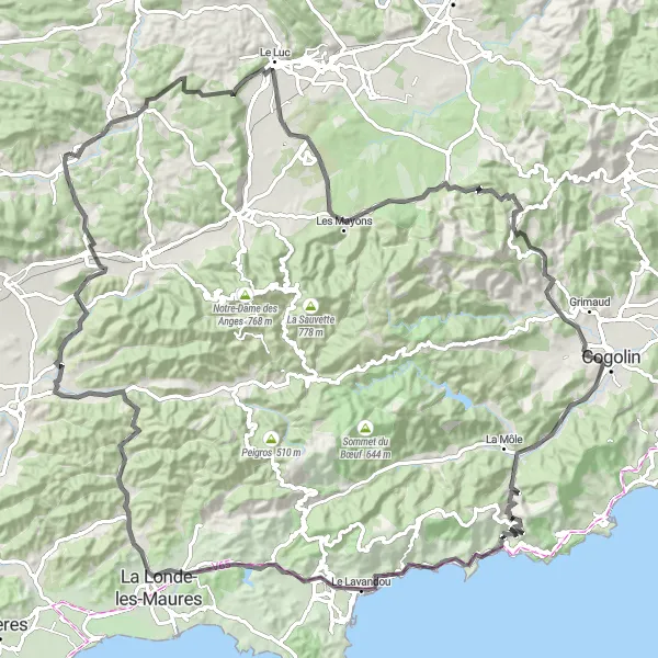Map miniature of "Besse-sur-Issole Circular Road Route" cycling inspiration in Provence-Alpes-Côte d’Azur, France. Generated by Tarmacs.app cycling route planner