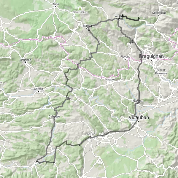 Zemljevid v pomanjšavi "Kolesarska pot skozi Provanso in Azurno obalo" kolesarske inspiracije v Provence-Alpes-Côte d’Azur, France. Generirano z načrtovalcem kolesarskih poti Tarmacs.app