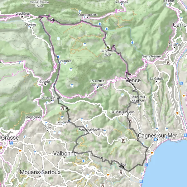 Miniature de la carte de l'inspiration cycliste "Le Circuit des Monts et Collines" dans la Provence-Alpes-Côte d’Azur, France. Générée par le planificateur d'itinéraire cycliste Tarmacs.app