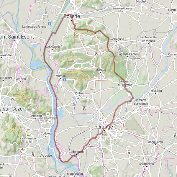 Miniatua del mapa de inspiración ciclista "Ruta de 60 km desde Bollène por caminos de grava" en Provence-Alpes-Côte d’Azur, France. Generado por Tarmacs.app planificador de rutas ciclistas