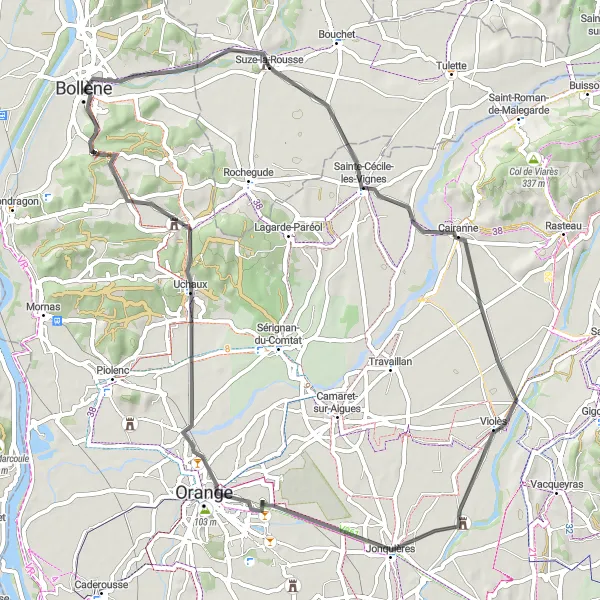 Miniatua del mapa de inspiración ciclista "Ruta de 64 km desde Bollène por carretera" en Provence-Alpes-Côte d’Azur, France. Generado por Tarmacs.app planificador de rutas ciclistas