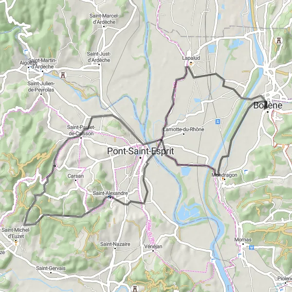 Miniatua del mapa de inspiración ciclista "Ruta de Bicicleta de Carretera por Pueblos del Ródano" en Provence-Alpes-Côte d’Azur, France. Generado por Tarmacs.app planificador de rutas ciclistas