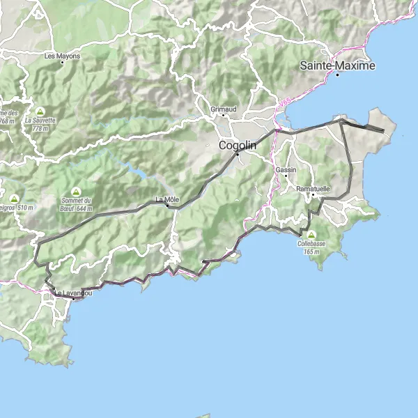 Kartminiatyr av "Bormes-les-Mimosas till St. Tropez Road Loop" cykelinspiration i Provence-Alpes-Côte d’Azur, France. Genererad av Tarmacs.app cykelruttplanerare