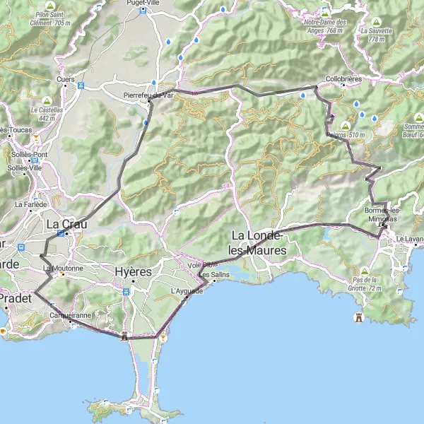 Map miniature of "Coastal Splendor and Scenic Villages" cycling inspiration in Provence-Alpes-Côte d’Azur, France. Generated by Tarmacs.app cycling route planner