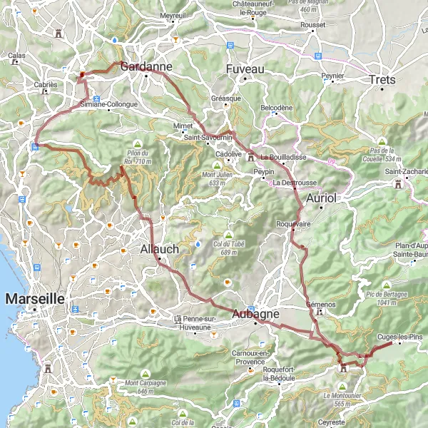 Map miniature of "Bouc-Bel-Air Gravel Loop" cycling inspiration in Provence-Alpes-Côte d’Azur, France. Generated by Tarmacs.app cycling route planner