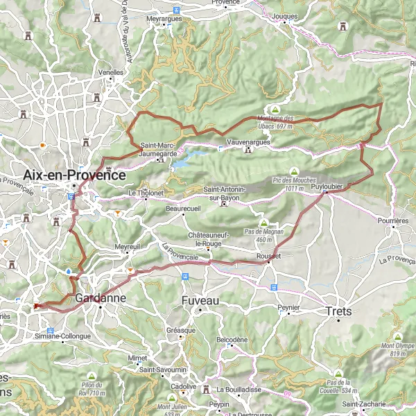 Miniatuurkaart van de fietsinspiratie "Avontuurlijke gravelroute via Puyloubier" in Provence-Alpes-Côte d’Azur, France. Gemaakt door de Tarmacs.app fietsrouteplanner