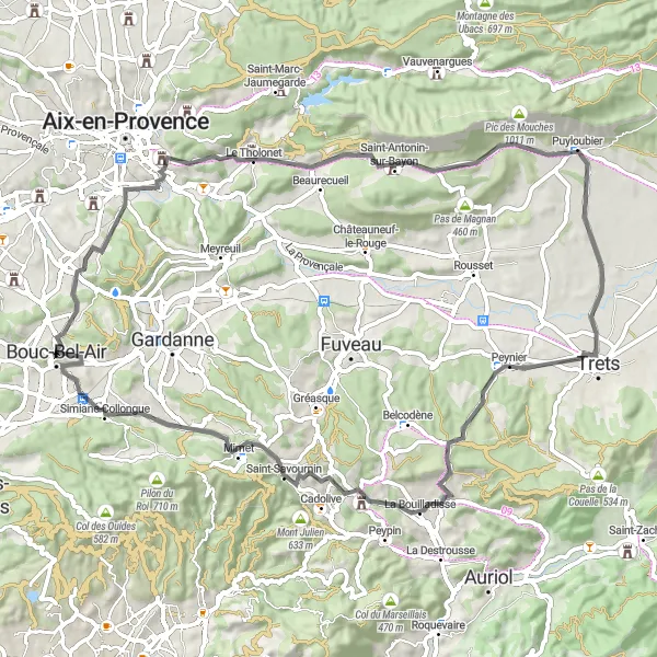 Miniatura mapy "Trasa przez Le Tholonet, Trets, Cadolive i Le Géant" - trasy rowerowej w Provence-Alpes-Côte d’Azur, France. Wygenerowane przez planer tras rowerowych Tarmacs.app