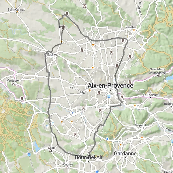 Karten-Miniaturansicht der Radinspiration "Rundtour um Bouc-Bel-Air im Straßenradfahrenstil" in Provence-Alpes-Côte d’Azur, France. Erstellt vom Tarmacs.app-Routenplaner für Radtouren