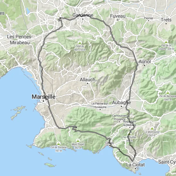 Miniature de la carte de l'inspiration cycliste "Epic Mountain Challenge to Cassis" dans la Provence-Alpes-Côte d’Azur, France. Générée par le planificateur d'itinéraire cycliste Tarmacs.app