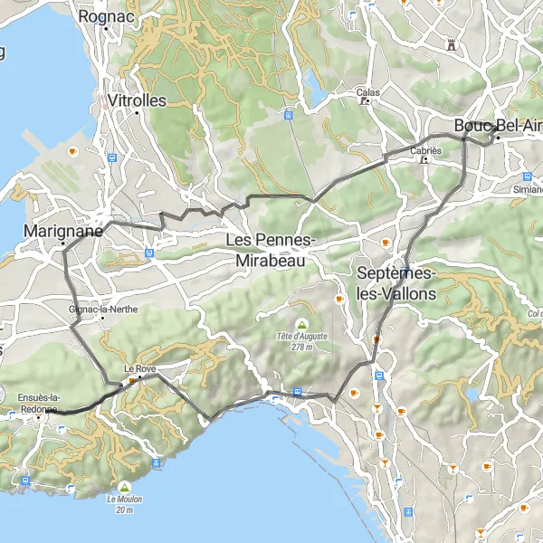 Map miniature of "The Vallons Loop" cycling inspiration in Provence-Alpes-Côte d’Azur, France. Generated by Tarmacs.app cycling route planner