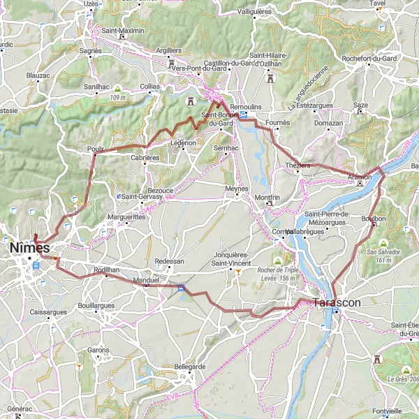Miniatua del mapa de inspiración ciclista "Ruta de Grava a través de Poulx y Remoulins" en Provence-Alpes-Côte d’Azur, France. Generado por Tarmacs.app planificador de rutas ciclistas