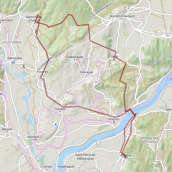 Miniatua del mapa de inspiración ciclista "Recorrido por Théziers y Saze" en Provence-Alpes-Côte d’Azur, France. Generado por Tarmacs.app planificador de rutas ciclistas