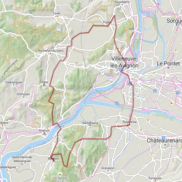 Miniatua del mapa de inspiración ciclista "Ruta de Ciclismo de Grava a Montagnette" en Provence-Alpes-Côte d’Azur, France. Generado por Tarmacs.app planificador de rutas ciclistas