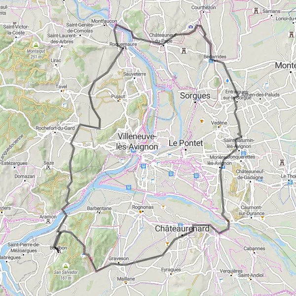 Miniatua del mapa de inspiración ciclista "Ruta Escénica por Châteauneuf-du-Pape y Montagne de Frigolet" en Provence-Alpes-Côte d’Azur, France. Generado por Tarmacs.app planificador de rutas ciclistas