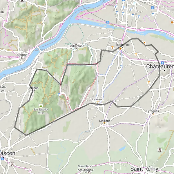 Miniatua del mapa de inspiración ciclista "Ruta de Ciclismo de Carretera a Rognonas" en Provence-Alpes-Côte d’Azur, France. Generado por Tarmacs.app planificador de rutas ciclistas