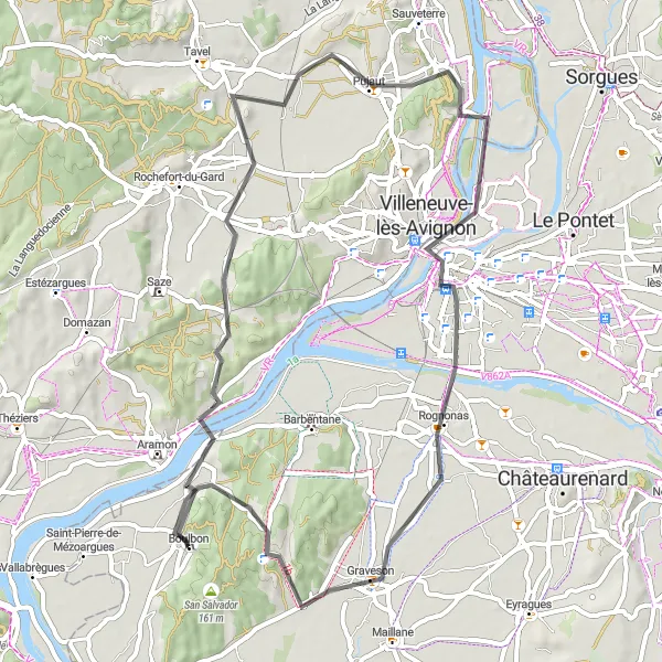 Mapa miniatúra "Okruh cez Pujaut a Château de Boulbon" cyklistická inšpirácia v Provence-Alpes-Côte d’Azur, France. Vygenerované cyklistickým plánovačom trás Tarmacs.app