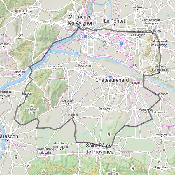 Miniatua del mapa de inspiración ciclista "Ruta en Bicicleta de Carretera por Avignon y Saint-Rémy-de-Provence" en Provence-Alpes-Côte d’Azur, France. Generado por Tarmacs.app planificador de rutas ciclistas