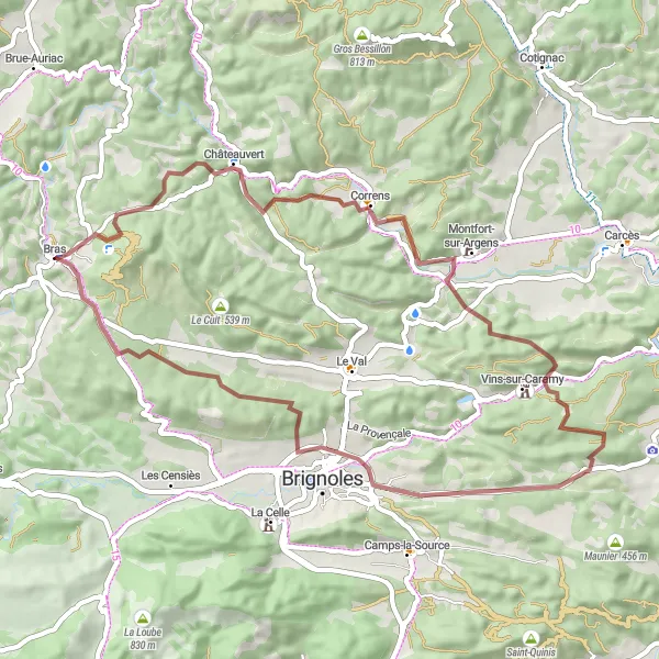 Zemljevid v pomanjšavi "Raznolika pot okoli Bras (Provence-Alpes-Côte d’Azur, Francija)" kolesarske inspiracije v Provence-Alpes-Côte d’Azur, France. Generirano z načrtovalcem kolesarskih poti Tarmacs.app