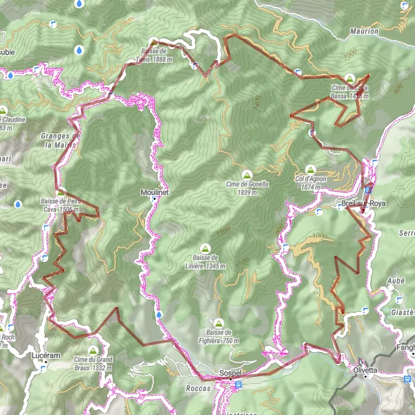 Kartminiatyr av "Grusvägsäventyr till Mont Grazian och Col de Turini" cykelinspiration i Provence-Alpes-Côte d’Azur, France. Genererad av Tarmacs.app cykelruttplanerare