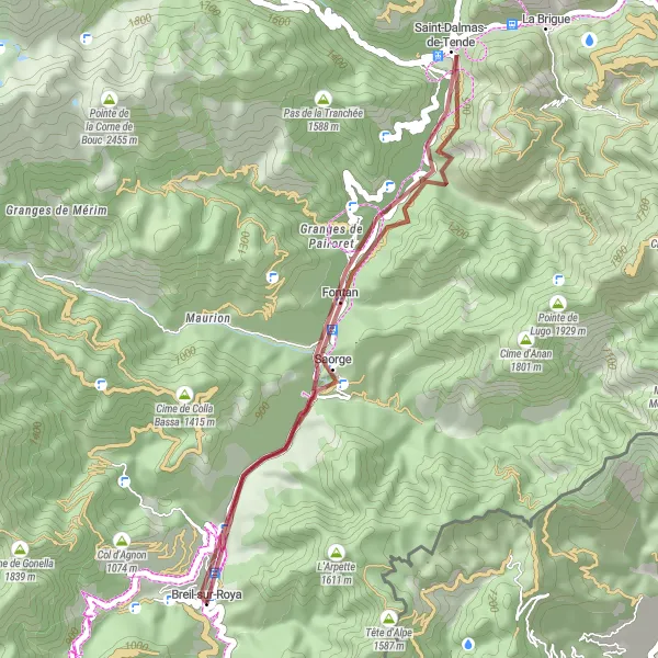 Zemljevid v pomanjšavi "Pustolovščina po makadamskih poteh v okolici Breil-sur-Roya" kolesarske inspiracije v Provence-Alpes-Côte d’Azur, France. Generirano z načrtovalcem kolesarskih poti Tarmacs.app