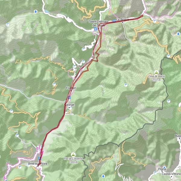 Karttaminiaatyyri "Gravel seikkailu Ligurian vuorilla" pyöräilyinspiraatiosta alueella Provence-Alpes-Côte d’Azur, France. Luotu Tarmacs.app pyöräilyreittisuunnittelijalla