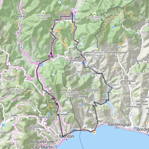 Mapa miniatúra "Road Route to Col d'Agnon" cyklistická inšpirácia v Provence-Alpes-Côte d’Azur, France. Vygenerované cyklistickým plánovačom trás Tarmacs.app