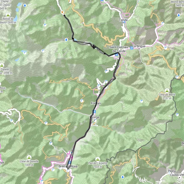 Miniature de la carte de l'inspiration cycliste "Route des Montagnes" dans la Provence-Alpes-Côte d’Azur, France. Générée par le planificateur d'itinéraire cycliste Tarmacs.app