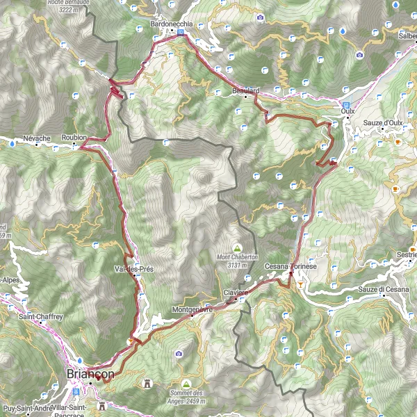 Kartminiatyr av "Gjennom Val-des-Prés til Col de Montgenèvre" sykkelinspirasjon i Provence-Alpes-Côte d’Azur, France. Generert av Tarmacs.app sykkelrutoplanlegger